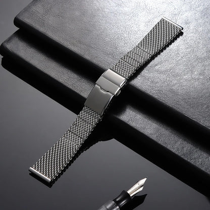 Bracciale universale in maglia di acciaio inossidabile, estremità piatta, a vite, argento, alta qualità, alla moda, chiusura pieghevole in metallo, 22 mm