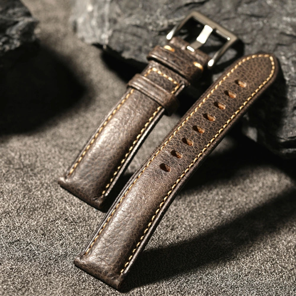Men's Waxed Leather Watch Strap, Handmade Top Layer, Grey Leather, Italian Leather, High-End, 20mm, 22mm