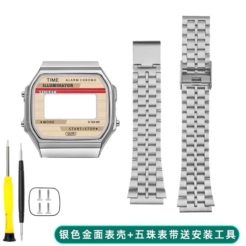 Boîtier de lunette métallique en acier inoxydable + Kit de bracelet pour Casio F91W/A158/A159 – Bracelet de montre et outils de remplacement personnalisés (argent/noir/or)