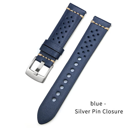 Cinturino per orologio vintage fatto a mano, a sgancio rapido, in pelle da corsa, nero, marrone, blu, traspirante, poroso, 19mm, 20mm, 22mm, 21mm
