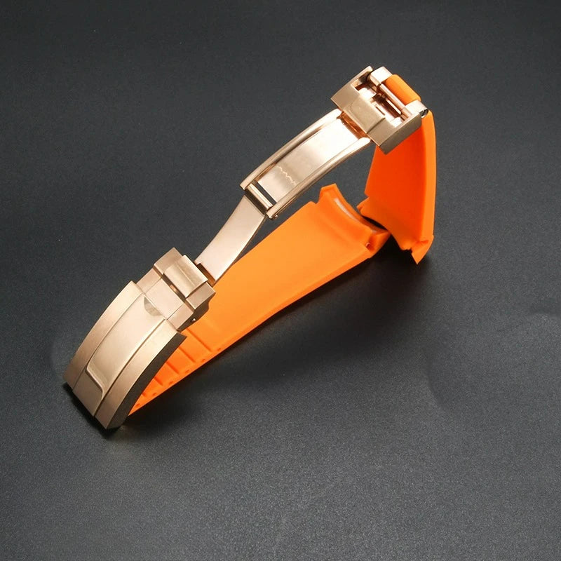 High-quality silicone watch strap in colorful styles (black, green, red, blue, white), with a curved interface for Rolex Datejust Submariner straps.