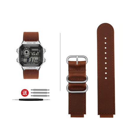 High-quality vintage leather watch strap for Casio 3299 AE-1200 AE-1300 AE-1500 SGW-300/400 w218h, 18mm, brown/black