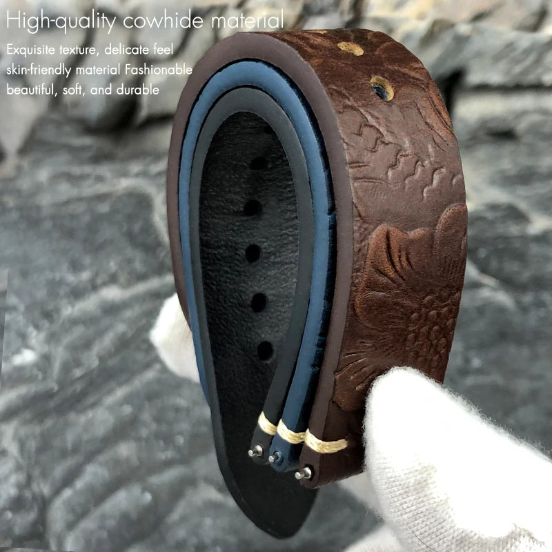 Cinturino per orologio in vera pelle con motivo goffrato, a sgancio rapido, 19mm 20mm 21mm 22mm, personalizzato, retrò, stile selvaggio, in pelle bovina
