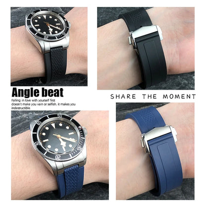Nuovo cinturino per orologio in morbida gomma naturale FKM con estremità metalliche curve da 22 mm per Tudor 41 mm Black Bay, chiusura deployante, cinturino da uomo