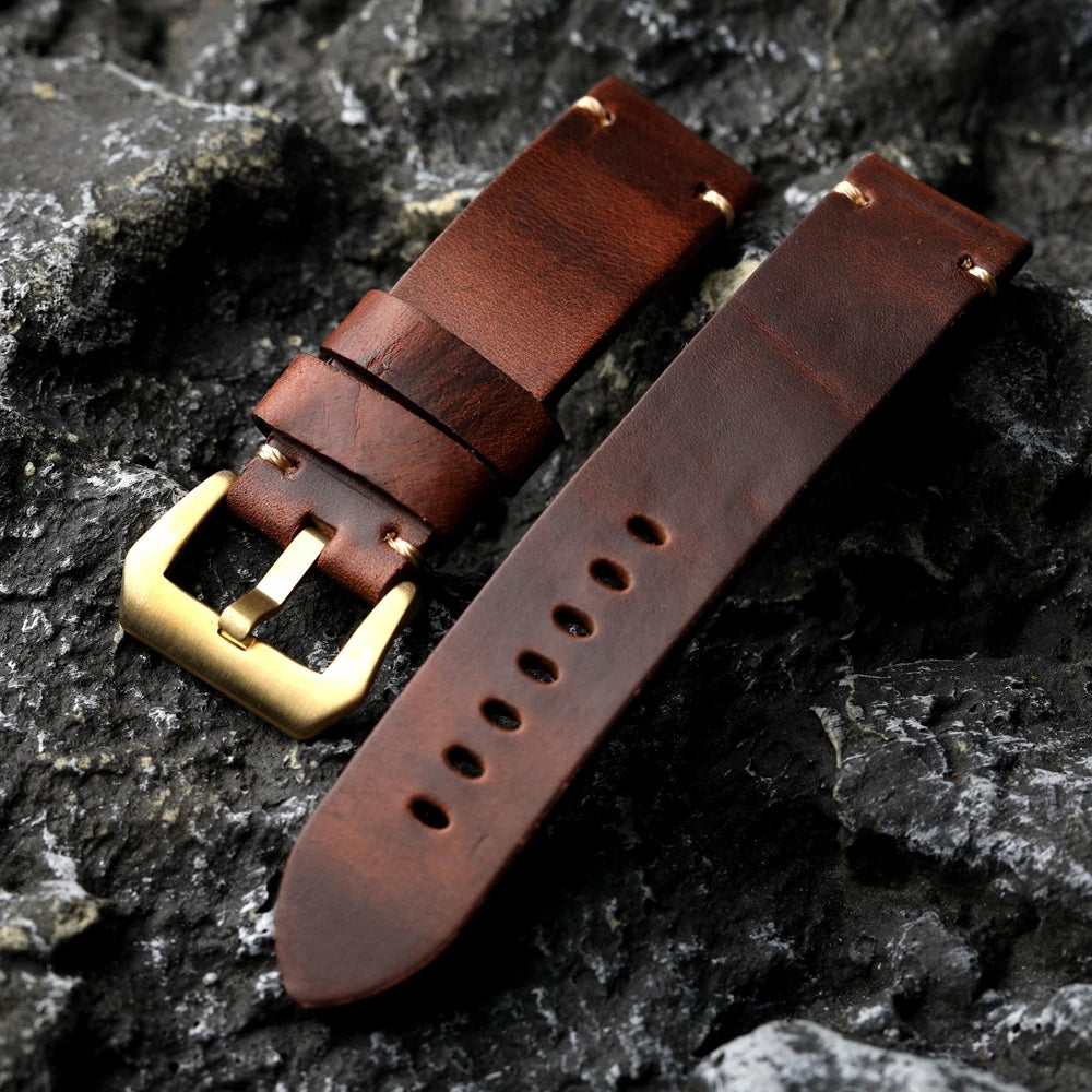Bracelet en cuir de vache marron avec boucle en Bronze pur chromé cxl fait à la main, 20MM 22MM 24MM 26MM, bracelet épais pour montre en Bronze de Style Vintage