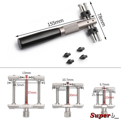 3-in-1 metal watchmaker tool: Adjustable case opener, press to close and open the case back, watch movement holder