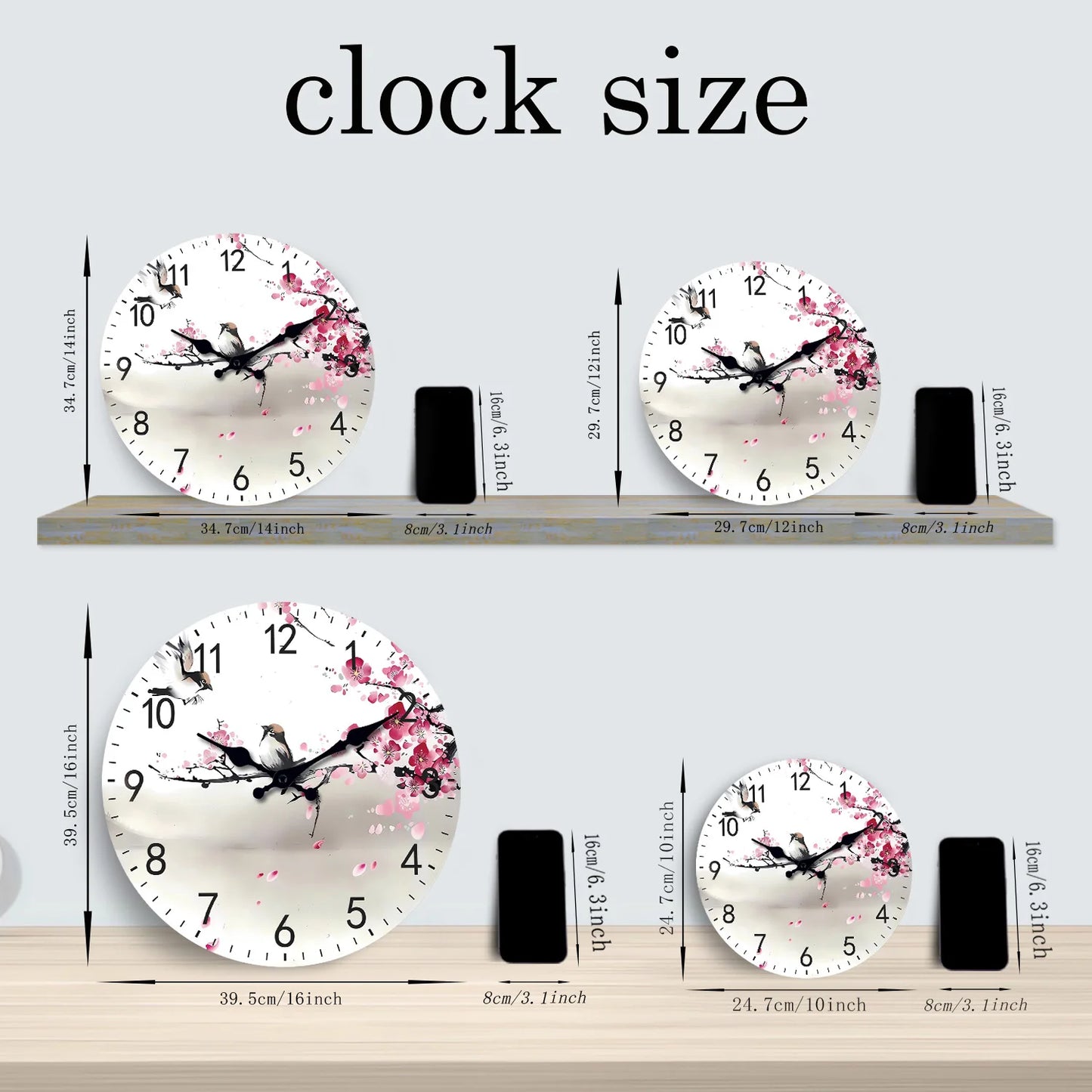 Art moderne Aquarelle Branches de fleurs de cerisier avec deux motifs d'oiseaux Horloge murale en bois Salon Chambre Cuisine Décoration de la maison Horloge murale Horloge à quartz silencieuse Cadeau de vacances 10 pouces 1