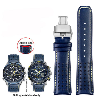 Curved End Leather Watch Strap, 22mm 23mm, for Citizen Blue Angel AT8020-54L/8020-03L JY8078 AT8020 Series, Black