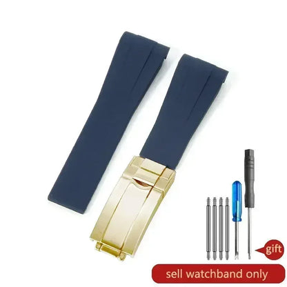 High-quality silicone watch strap in colorful styles (black, green, red, blue, white), with a curved interface for Rolex Datejust Submariner straps.