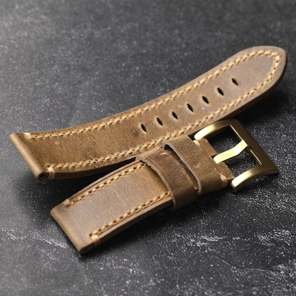 Bracelet en cuir de vache fait à la main, couche de tête, 20 22 24 26MM, boucle en Bronze, Style rétro, accessoires de montre en cuivre pur épais