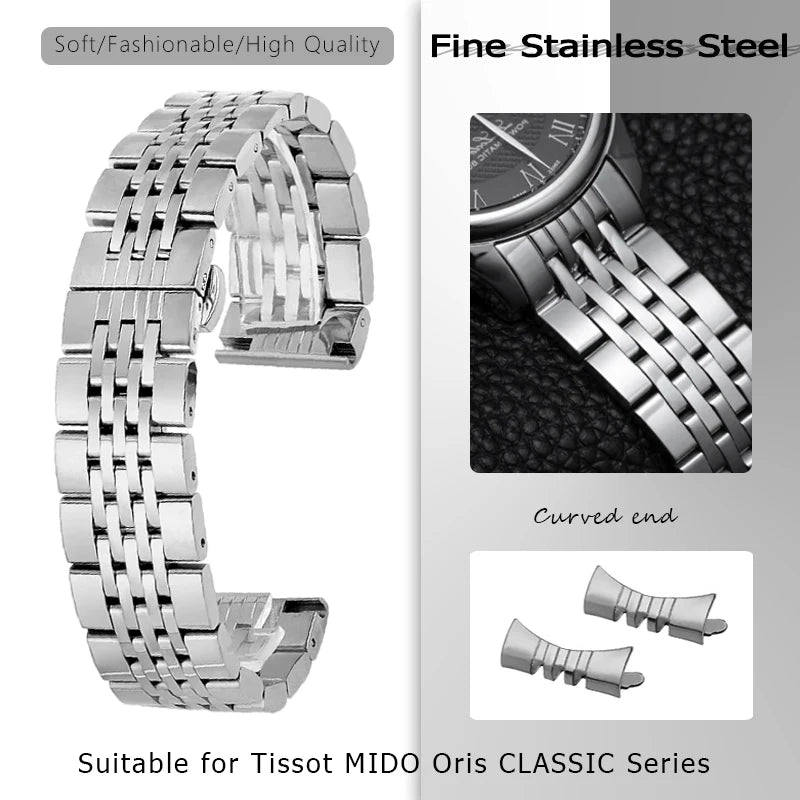 Cinturino in acciaio inossidabile argento 20mm 21mm 22mm 18mm 19mm per Tissot T006 MIDO classico Oris Seiko presage cinturino per orologio con estremità curva