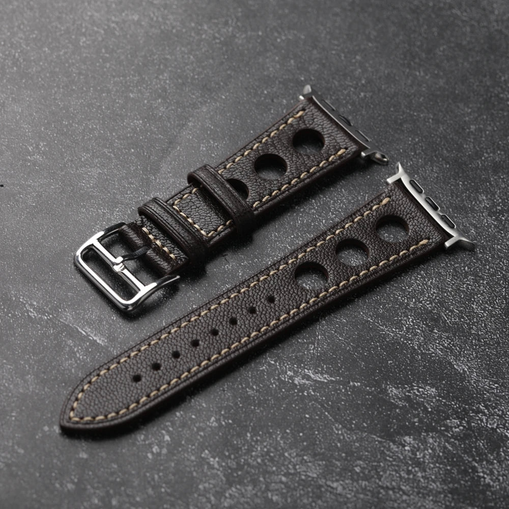Handmade Breathable Leather Strap for Apple Watch S10 Ultra 2, Brown, Black, Goatskin, 46mm, 45mm, 49mm