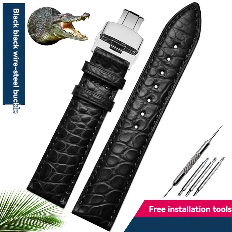 Bracelet en peau de crocodile véritable pour homme et femme, bracelet en alligator, fermoir papillon, Longines, Omega, Mido, Tissot, Rossini, 16mm, 18mm, 20mm, 22mm