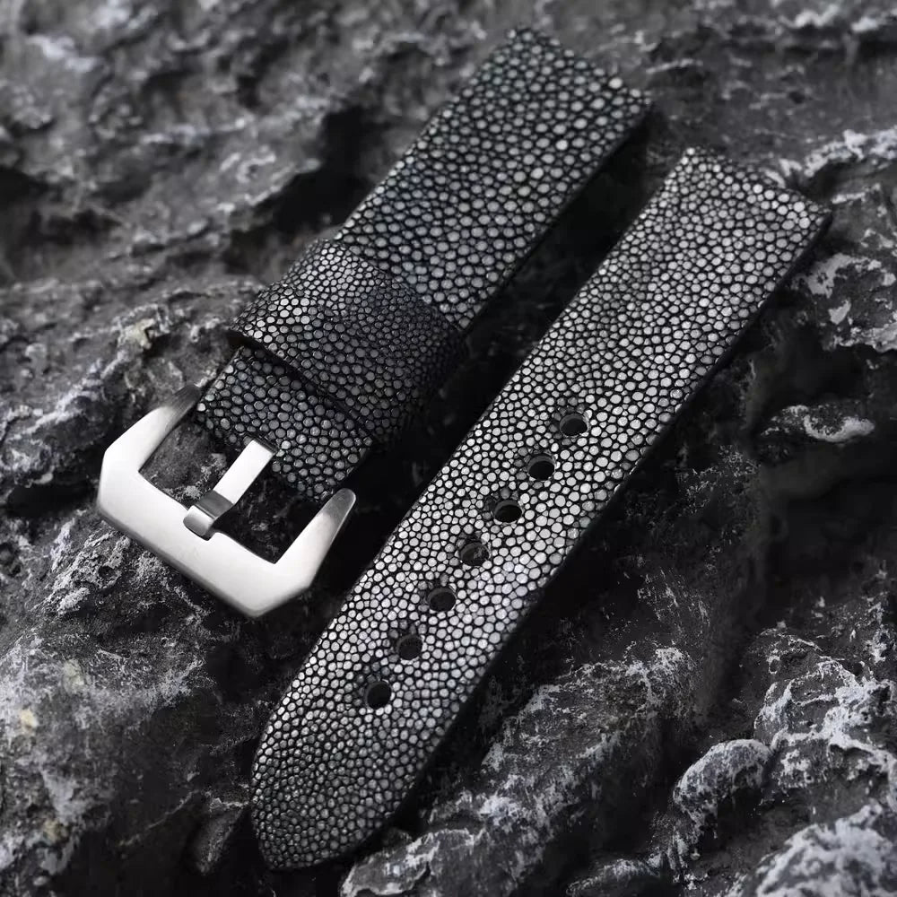 Handmade Men's Beaded Fish Leather Watch Accessory Bracelet, Black, Grey, Soft and Wear-Resistant, 20mm, 22mm, 24mm