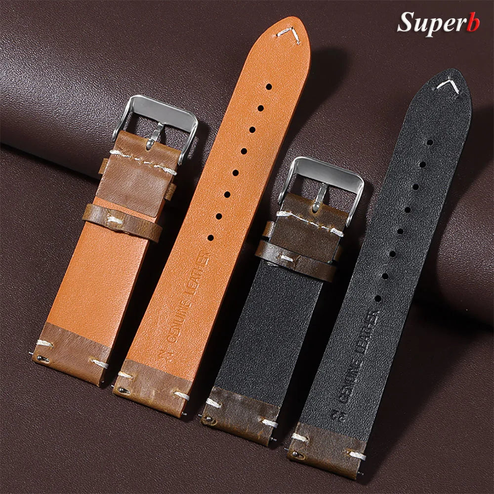 Bracelet de montre en cuir huilé vintage 18 mm 20 mm 22 mm 19 mm 21 mm 24 mm, sangle en cuir de vachette à couture universelle pour Seiko pour Omega