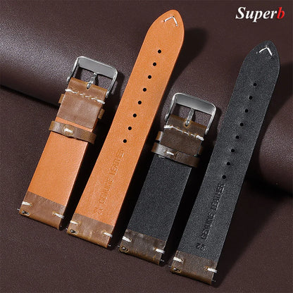 Bracelet de montre en cuir huilé vintage 18 mm 20 mm 22 mm 19 mm 21 mm 24 mm, sangle en cuir de vachette à couture universelle pour Seiko pour Omega