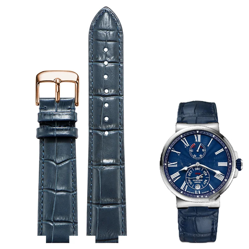 Convex leather watch strap for Ulysse Nardin MARINE 6300 263 6319, men's and women's strap, 24x12MM 26x12MM, blue strap accessory