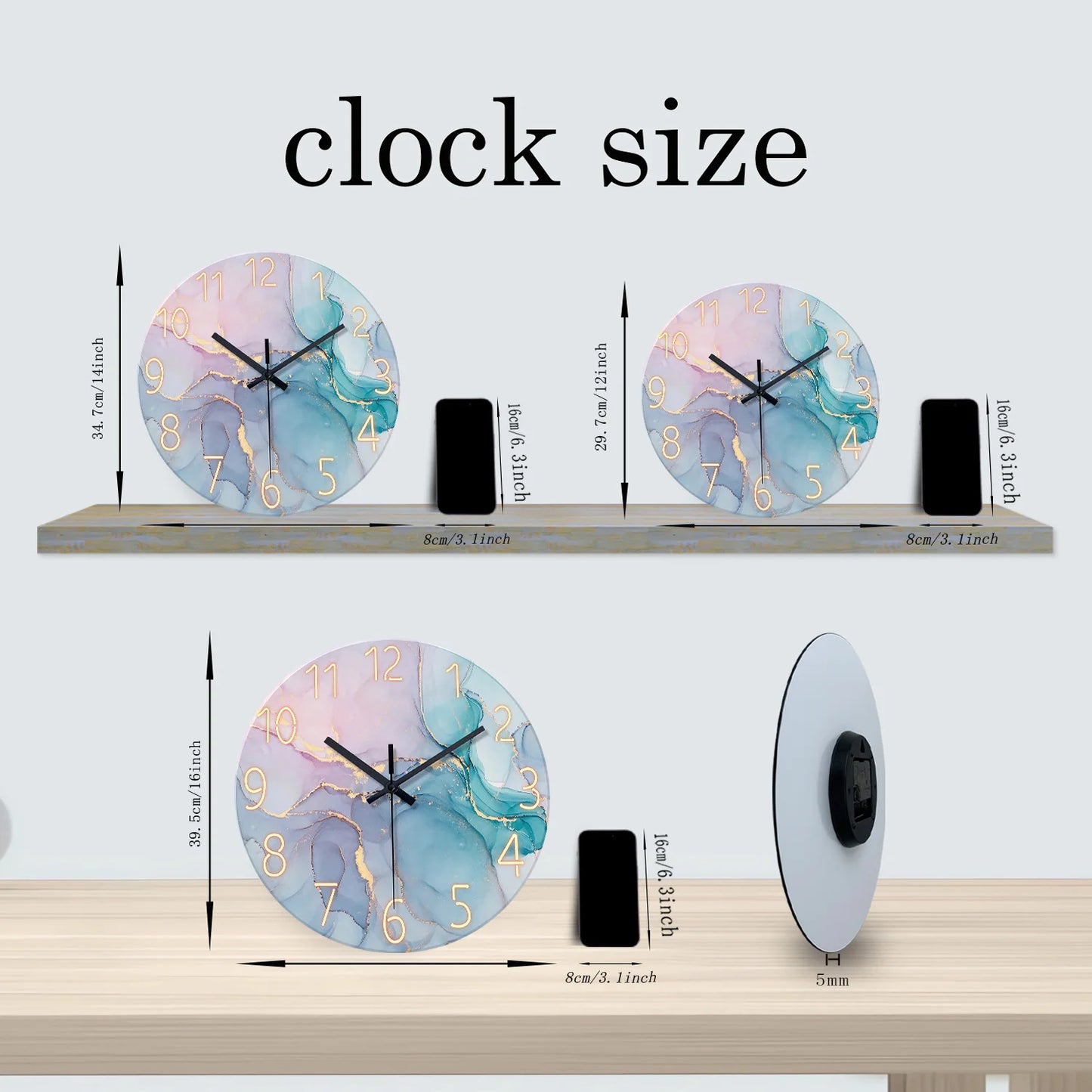 Orologio da parete moderno con motivo effetto marmo, vetro temperato spesso 4 mm, ideale per soggiorno, camera da letto, cucina, arredamento casa, orologio al quarzo silenzioso, regalo per le vacanze, 12 pollici, 14 pollici, 16 pollici.