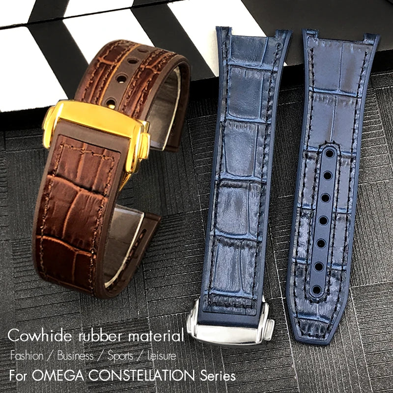 Concave Rubber Cowhide Watch Band, Silicone Leather Watch Strap, Special for Omega Constellation Foldover Structure, 25mm * 14mm