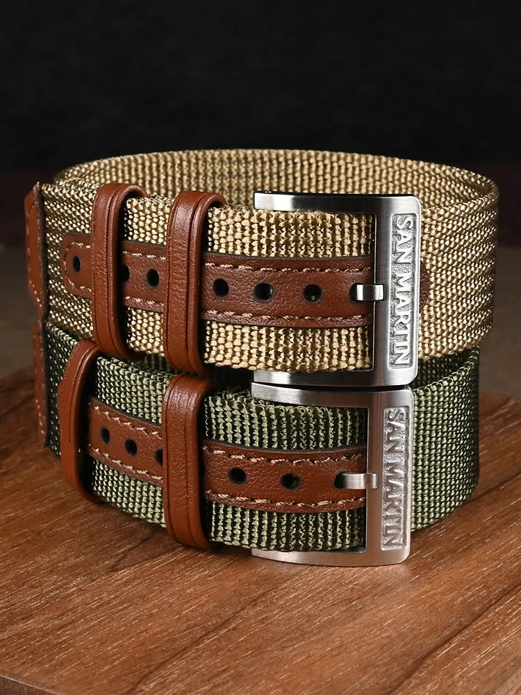 Cinturino per orologio San Martin, pezzo unico, 20 mm, nylon resistente, acciaio inossidabile 316L, fibbia ad ardiglione con logo, fibbia in pelle retrò militare SN0105