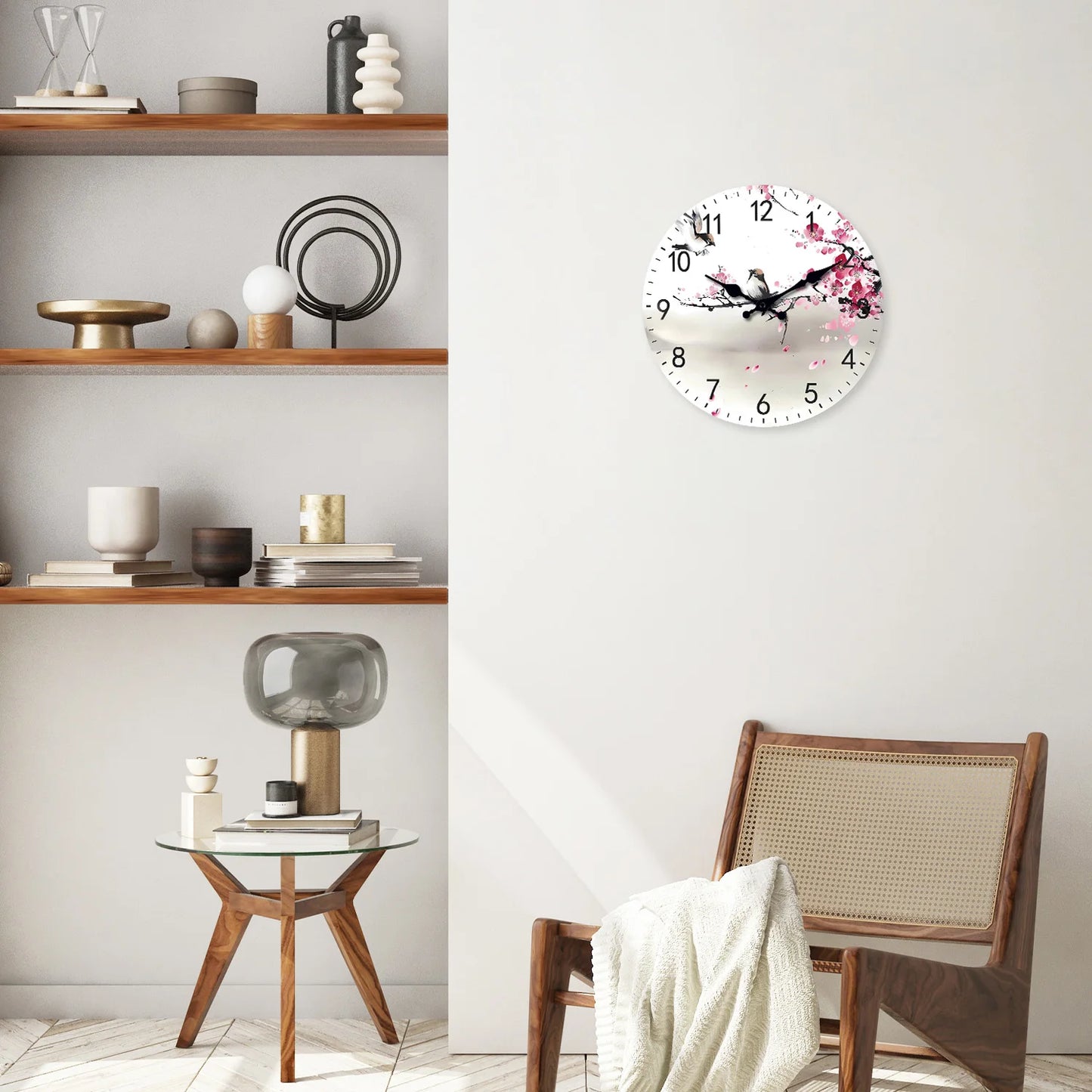 Art moderne Aquarelle Branches de fleurs de cerisier avec deux motifs d'oiseaux Horloge murale en bois Salon Chambre Cuisine Décoration de la maison Horloge murale Horloge à quartz silencieuse Cadeau de vacances 10 pouces 1