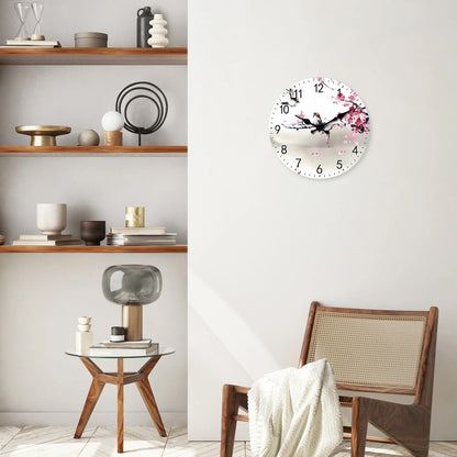 Art moderne Aquarelle Branches de fleurs de cerisier avec deux motifs d'oiseaux Horloge murale en bois Salon Chambre Cuisine Décoration de la maison Horloge murale Horloge à quartz silencieuse Cadeau de vacances 10 pouces 1