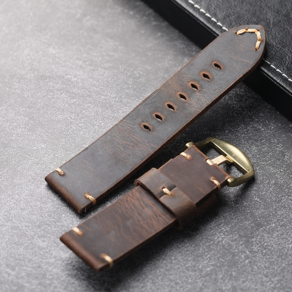 Bracelet de montre en bronze marron pour homme, couche de tête épaissie, bracelet de style rétro, cuivre pur, 20mm, 21mm, 22mm, 23mm, 24mm, 26mm