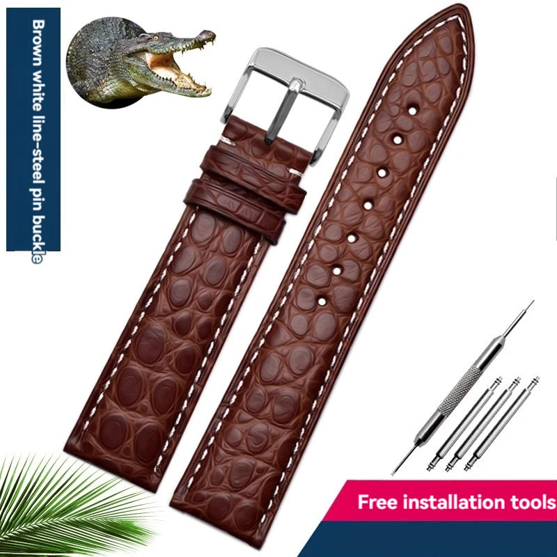 Bracelet en peau de crocodile véritable pour homme et femme, bracelet en alligator, fermoir papillon, Longines, Omega, Mido, Tissot, Rossini, 16mm, 18mm, 20mm, 22mm