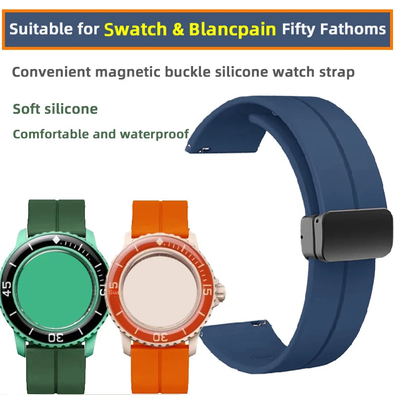 Cinturino in silicone morbido da uomo e donna, per Swatch, Blancpain Fifty Fathoms, Five Ocean, blu, arancione, verde, grigio, strumento, marca Co, 22mm