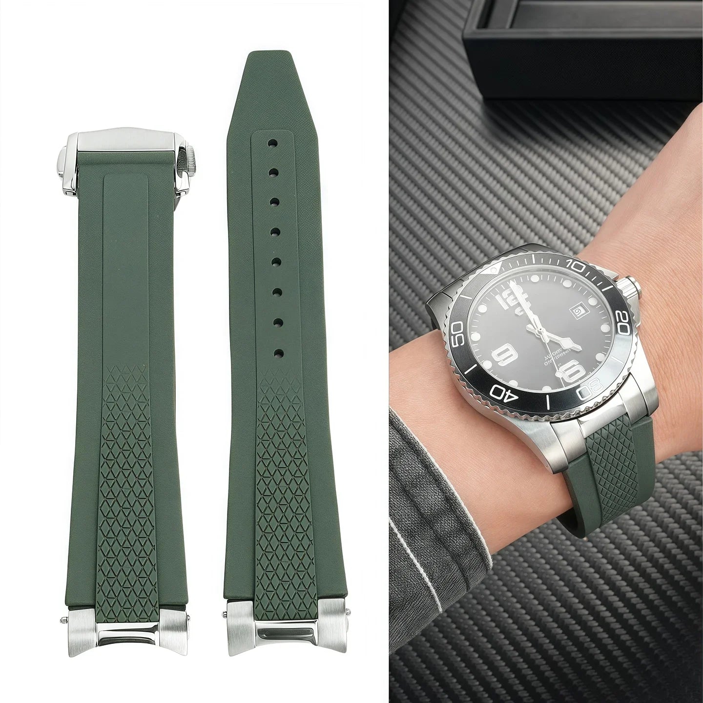 Cinturino per orologio in gomma fluorurata di alta qualità, 21 mm, per Longines Hydroconquest L3 Conquest, cinturino per orologio sportivo subacqueo + interfaccia in metallo