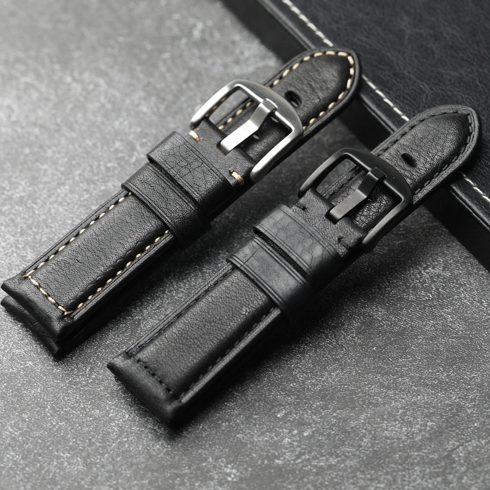 Handmade Leather Watch Strap Black 20 22 24 26MM Head Layer Cowhide Men's Mechanical Watch Band, Retro Style Black Strap