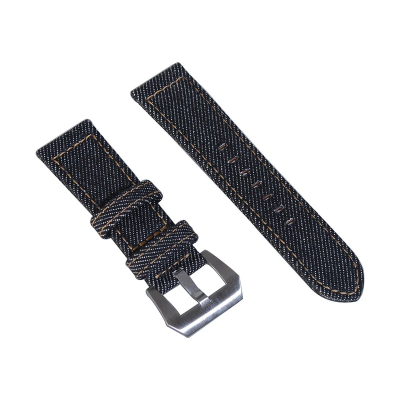 Bracelet de montre en Denim pour hommes, 24mm, noir, vintage, en toile, en coton, avec boucle