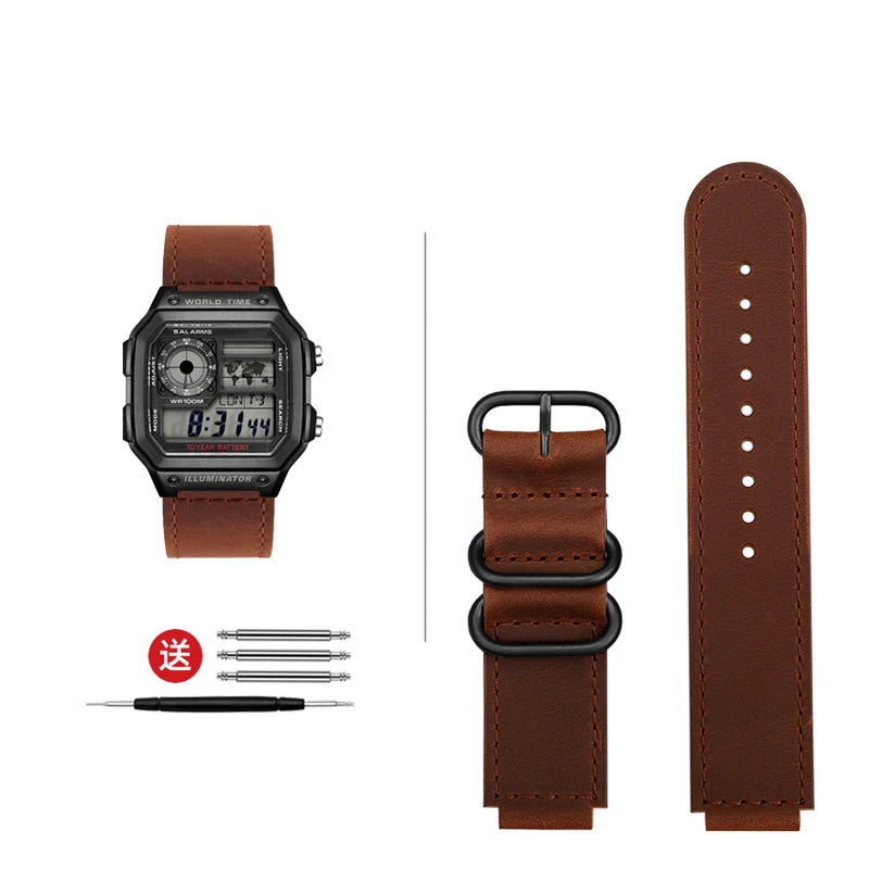 High-quality vintage leather watch strap for Casio 3299 AE-1200 AE-1300 AE-1500 SGW-300/400 w218h, 18mm, brown/black