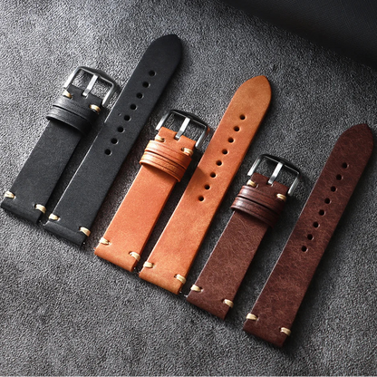 Genuine Bovine Leather Watch Strap - Vintage Style with Quick-Release Fasteners