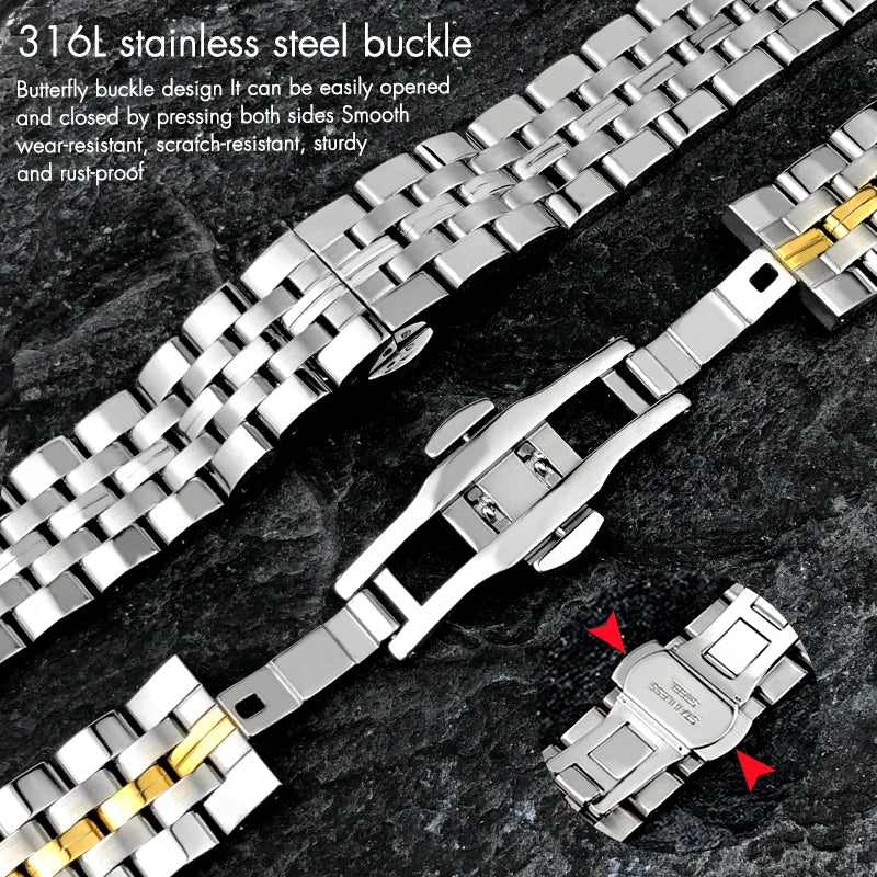 20mm, 21mm, 22mm, 23mm, 24mm Solid Stainless Steel Curved End Watch Bands with Installation Tools