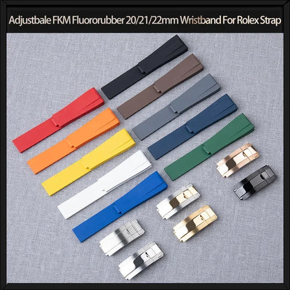 FKM Fluoro Rubber Flat End Watch Strap, Adjustable, 20mm, 21mm, 22mm, for Rolex Submariner Yacht Master GMT Daytona