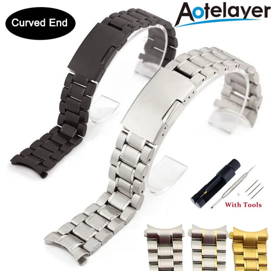 12 14 16 18 19 20 21 22 24mm High Quality Solid Stainless Steel Curved End Watch Band Bracelet Accessories with Tool