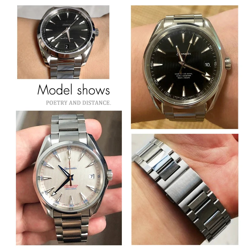 Bracelet de montre en acier inoxydable à extrémité incurvée, 19mm 20mm 21mm, pour Omega Seamaster AT150 Aqua Terra, métal argenté, étanche