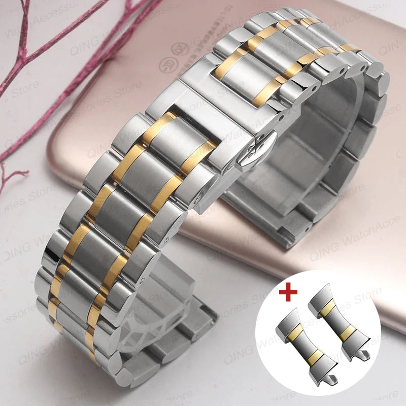 Solid stainless steel watch band with flat, arc-shaped end for Tissot butterfly clasp bracelets, sizes 12, 13, 14, 15, 16, 17, 18, 19, 20, 21, 22, 23, 24mm, universal