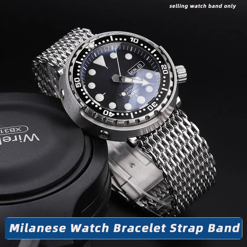 20/22/24mm Steel Dive Shark Mesh for Milanese Watch Bracelet Strap Band Weaving Double Snap Strap For Breitling Omega Seiko