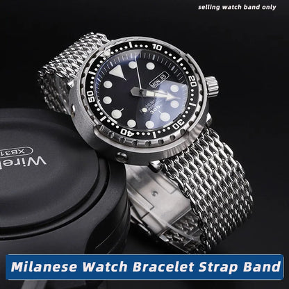 20/22/24mm Steel Dive Shark Mesh for Milanese Watch Bracelet Strap Band Weaving Double Snap Strap For Breitling Omega Seiko