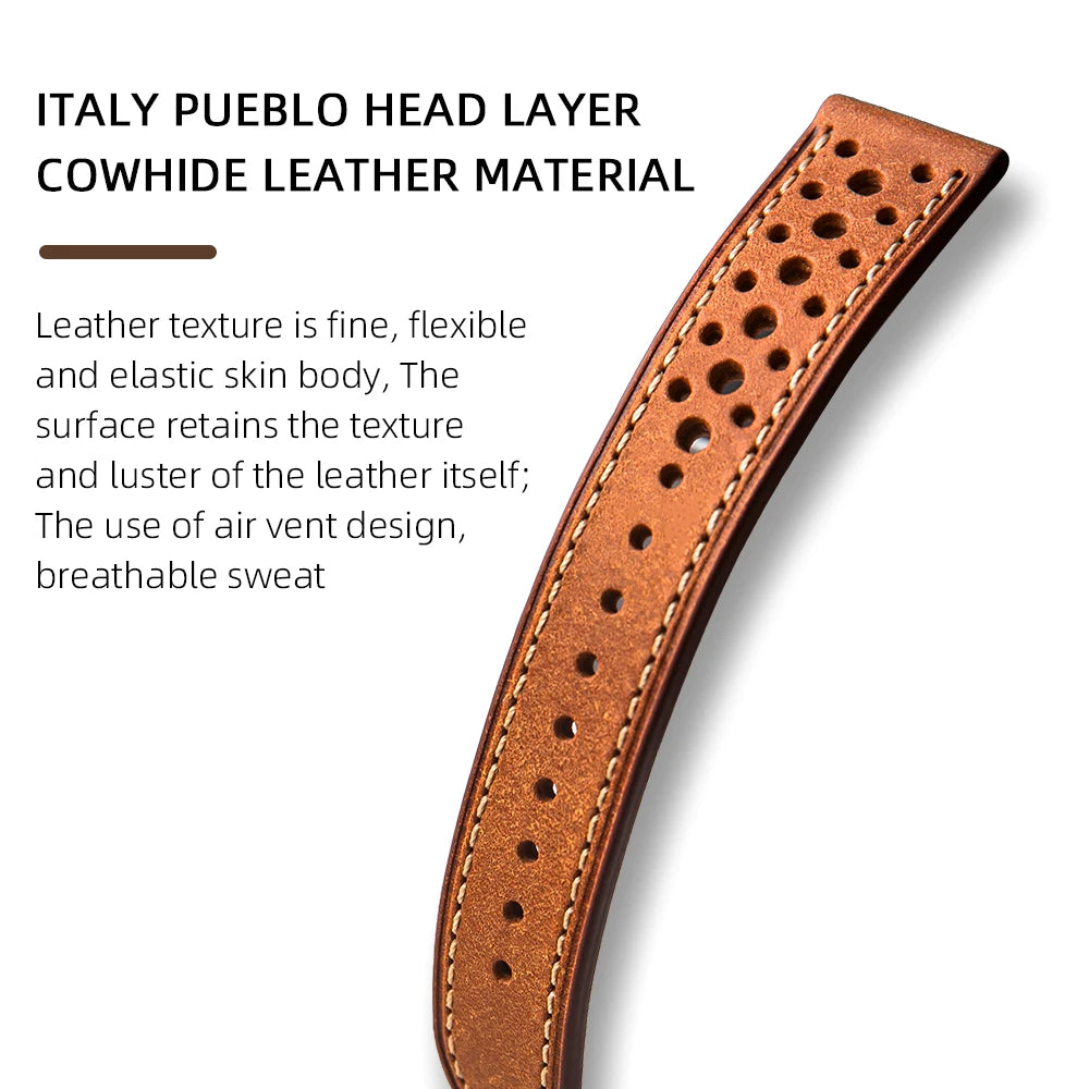Men's Cowhide Leather Watch Strap, Handmade Top Layer, Italian Genuine Leather 18 19 20 21 22MM, Breathable Hole Design, Vintage