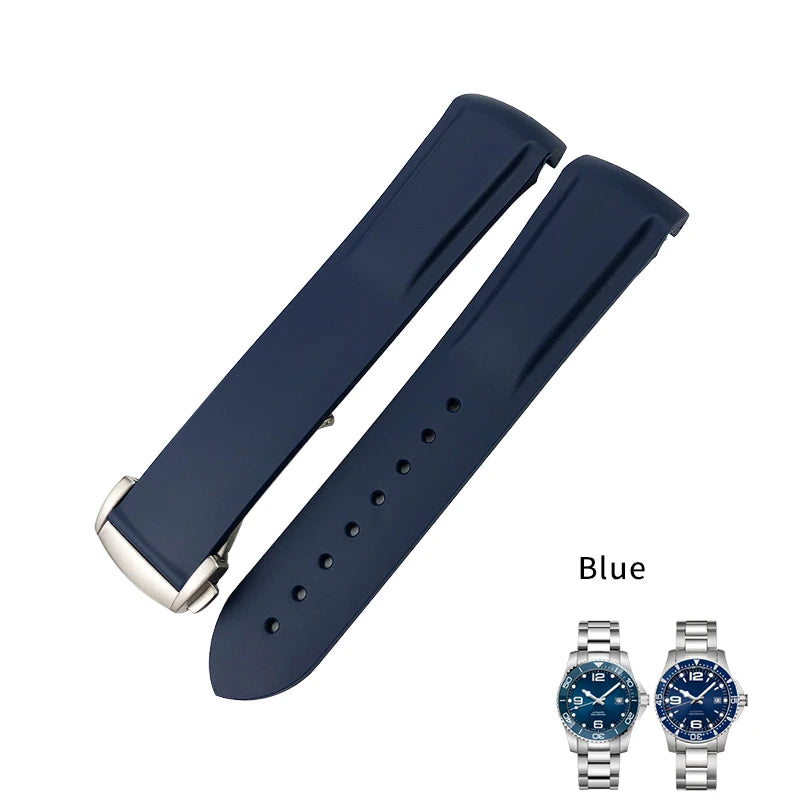 适用于浪琴表、精工SKX、欧米茄、劳力士的表带，橡胶硅胶材质，弧形接口，18mm、19mm、20mm、21mm、22mm可选