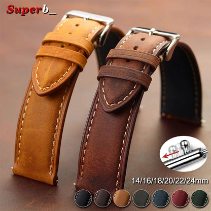 Cowhide Leather Watch Strap, 14mm 16mm 18mm 20mm 22mm 24mm, Retro Dark Brown, Quick Release, for Samsung Galaxy Watch 7/6/5/4 44mm