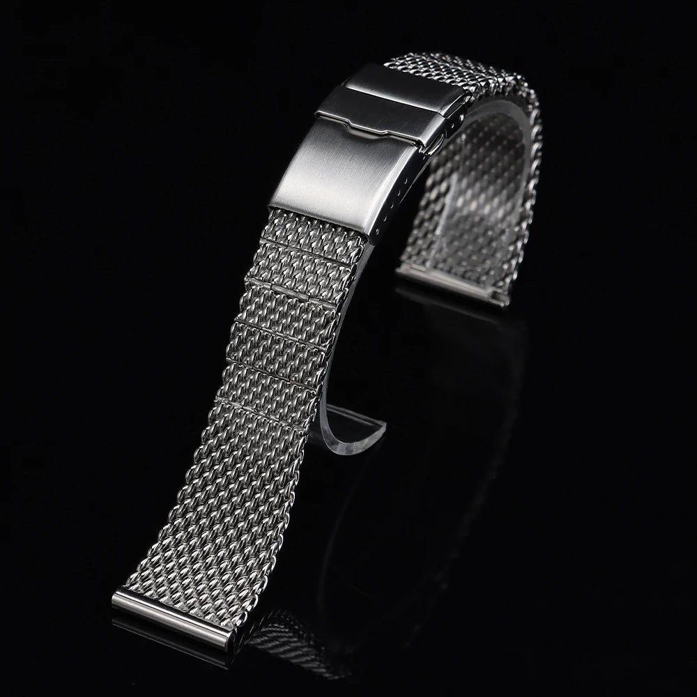 Bracciale universale in maglia di acciaio inossidabile, estremità piatta, a vite, argento, alta qualità, alla moda, chiusura pieghevole in metallo, 22 mm