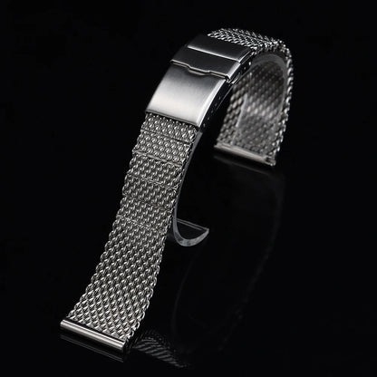 Bracciale universale in maglia di acciaio inossidabile, estremità piatta, a vite, argento, alta qualità, alla moda, chiusura pieghevole in metallo, 22 mm