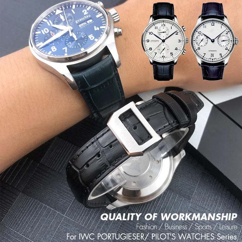 Bracelet de montre en cuir véritable pour hommes, 20mm, 21mm, 22mm, pour IWC, portugais, pilote, marron, noir, bleu