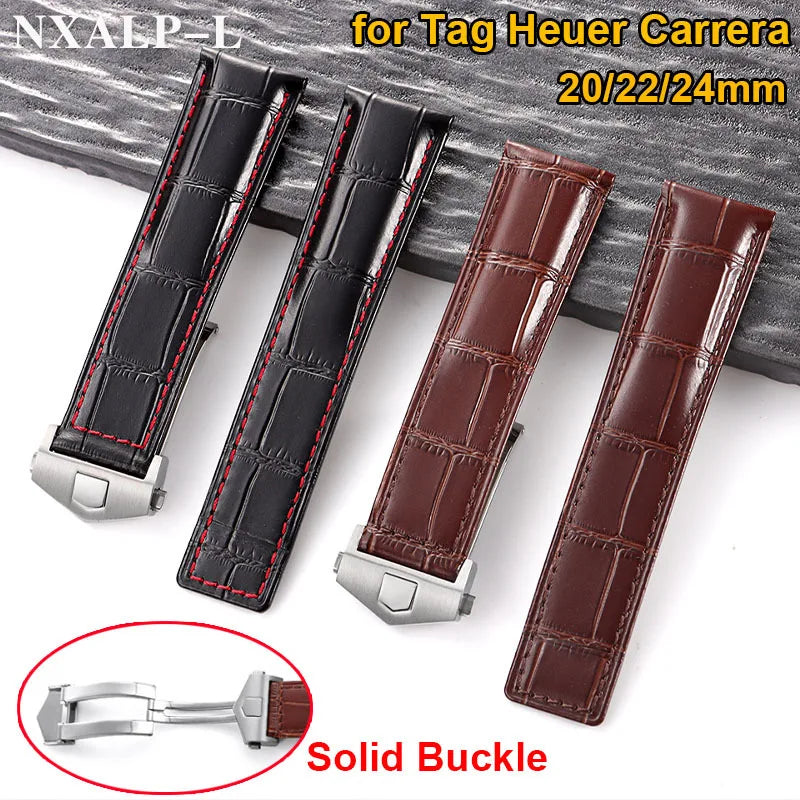 20mm 22mm 24mm Genuine Cowhide Leather Watch Strap for Tag Heuer Carrera Monaco F1, Men's Watch Strap, Folding Buckle