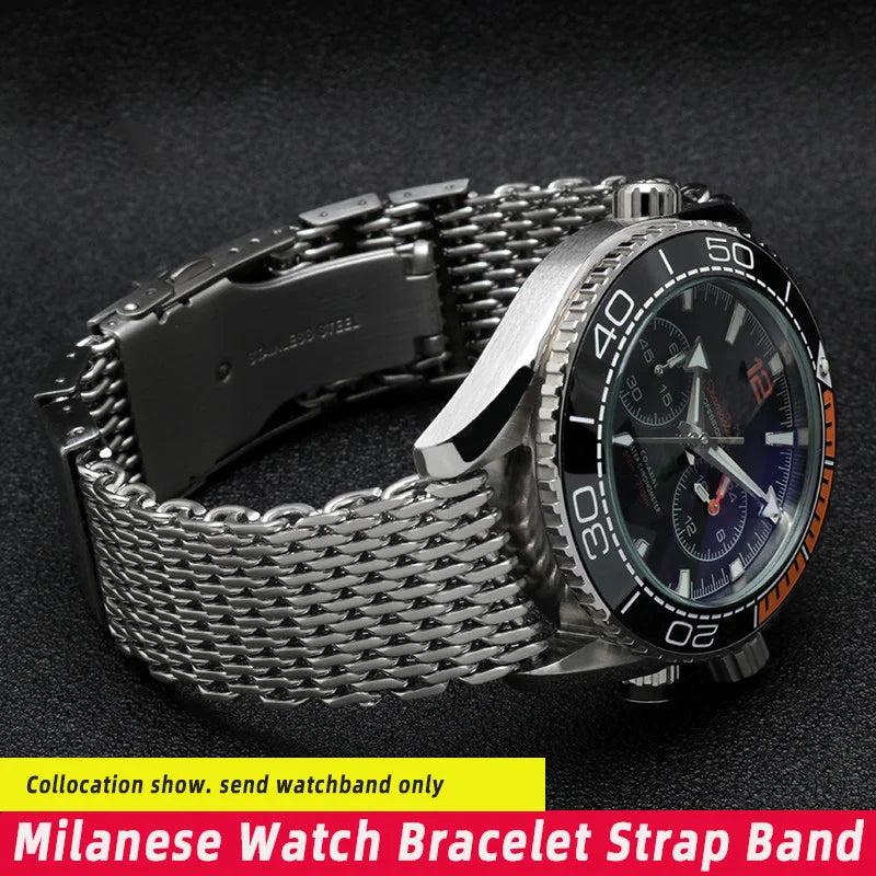 20/22/24mm Steel Dive Shark Mesh for Milanese Watch Bracelet Strap Band Weaving Double Snap Strap For Breitling Omega Seiko