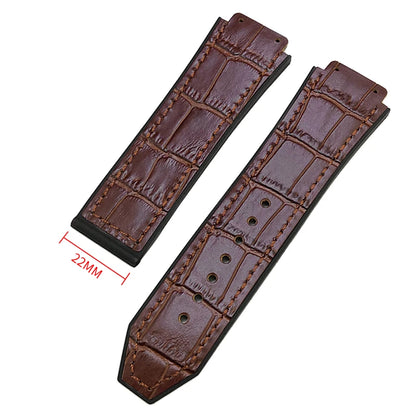 Cinturino per orologio in gomma e pelle bovina 19mm x 26mm per HUBLOT Big Bang colorato nero blu, grana coccodrillo, in pelle bovina, da uomo e donna